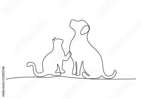 Continuous one line drawing of cat and dog logo symbol. Isolated on white background vector illustration. Pro vector
