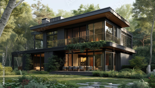 black two story contemporary home with greenery