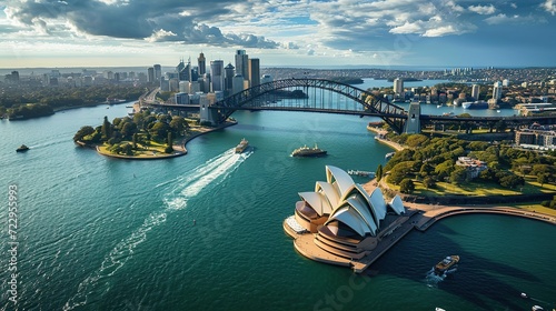 Sydney Harbour Bridge in a beautiful summer day, Australia, Sydney, Australia. Landscape aerial view of Sydney Opera house near Sydney business center.