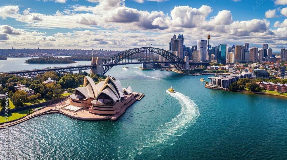 Naklejka premium Sydney Harbour Bridge in a beautiful summer day, Australia, Sydney, Australia. Landscape aerial view of Sydney Opera house near Sydney business center.