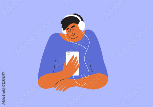 Man in headphones sitting holding smartphone in hand listening music, audiobook, podcast. Male character watching video by mobile phone, listening to online radio, audio book. Art vector illustration
