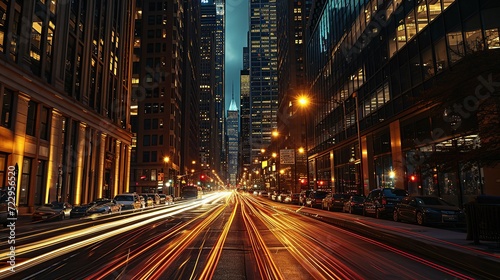 The hustle and bustle: Time - lapse inspired city scene, streams of car lights under the city's skyscrapers, energy of urban life. copy space for text.