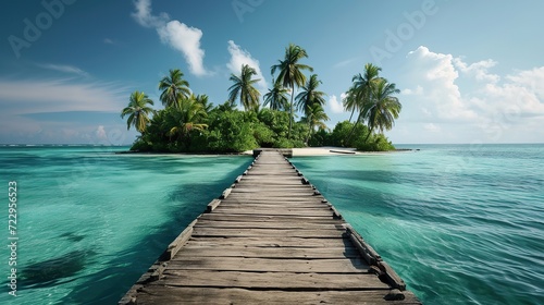 Vacation on a deserted island in the tropics, wooden jetty. copy space for text.