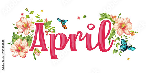 April Hand Lettering with spring flowers Hand Drawn Decoration