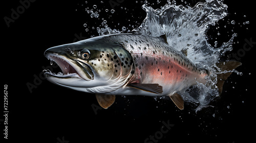 A majestic salmon leaps from the water, glistening droplets suspended midair. Nature's ballet unfolds as it defies gravity, a symbol of strength and the cycle of life