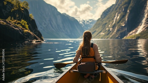 View from the back of a girl in a canoe floating on the water among the fjords. copy space for text. © Naknakhone