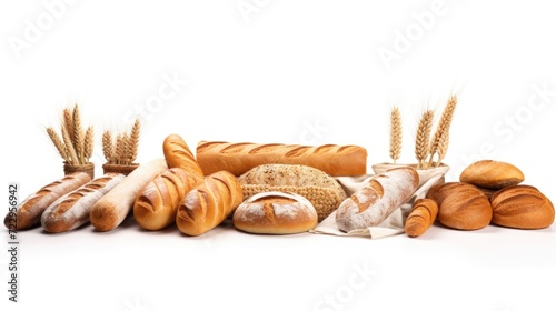 A collection of different types of bread and rolls displayed on a white surface. This image can be used to showcase the variety of bread options available or to represent a bakery or cafe setting