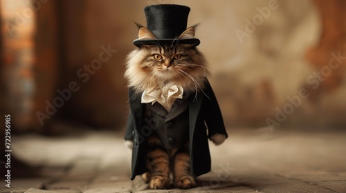 A fluffy Persian cat strutting down a Parisian catwalk, sporting a custom-made velvet tuxedo with a miniature top hat tilted rakishly on its head.  photo