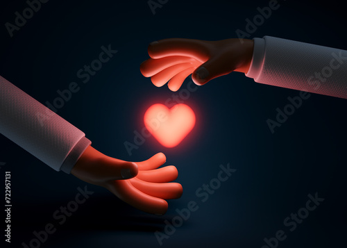 3d render cartoon icon red heart in hands. Realistic illustration of donation, love, health or charity