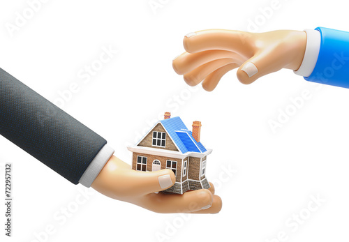 3d render cartoon icon house passed from one hand to another