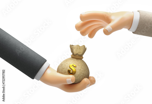 3d render cartoon icon money bag in hands