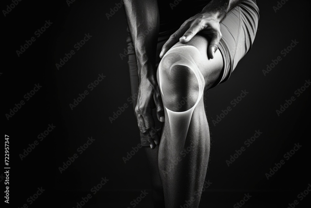 Naklejka premium A black and white photo of a man holding his knee. Suitable for medical or sports-related content