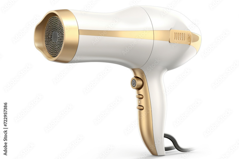 A sleek and stylish gold and white hair dryer placed on a clean white surface. Perfect for beauty and haircare-related designs and promotions A sleek and stylish gold and white hair dryer placed on a clean white surface. Perfect for beauty and haircare-related designs and promotions