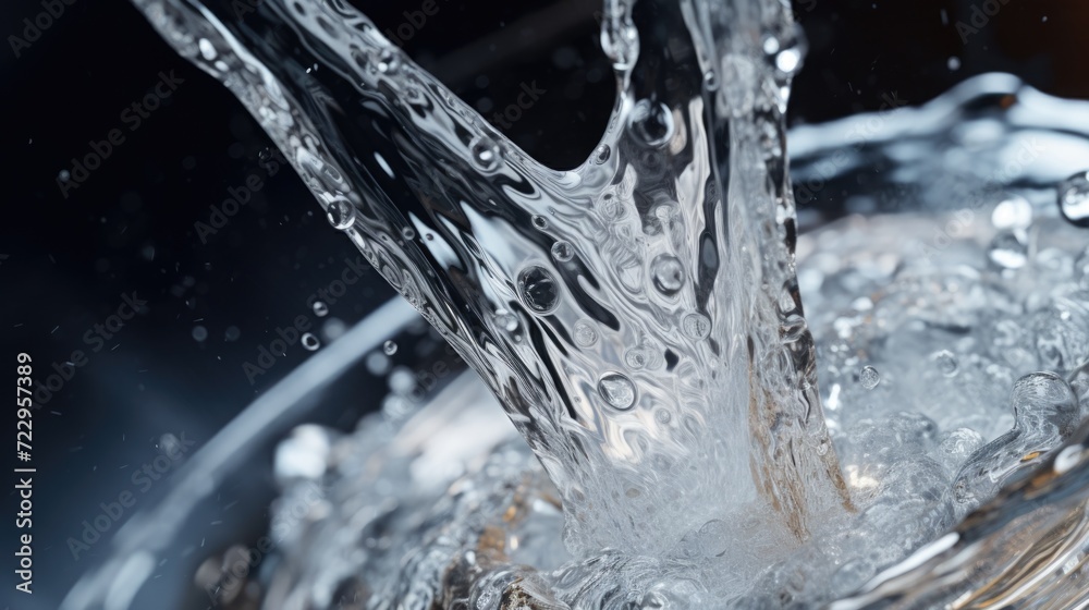 Water pouring from a faucet. Suitable for home improvement, plumbing, or water conservation concepts