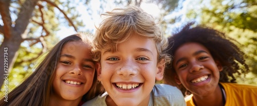 Joyful Childhood Moments Captured Outdoors: A Trio of Diverse Friends Smiling Together Under Sunlit Trees