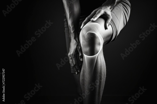 A black and white photo of a man holding his knee. Suitable for medical or sports-related content