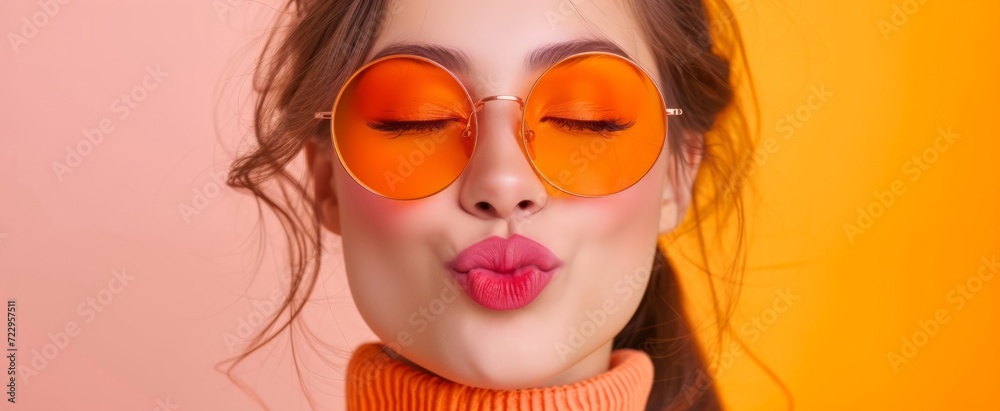 Stylish Young Woman Pouting Lips Wearing Orange Sunglasses and Turtleneck on Pastel Background - Trendy Fashion Portrait - obrazy, fototapety, plakaty 