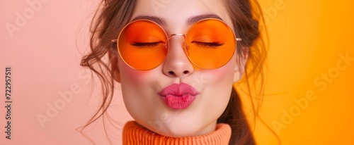 Stylish Young Woman Pouting Lips Wearing Orange Sunglasses and Turtleneck on Pastel Background - Trendy Fashion Portrait
