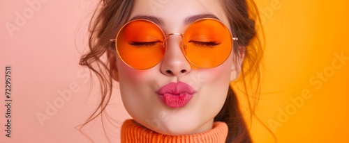 Stylish Young Woman Pouting Lips Wearing Orange Sunglasses and Turtleneck on Pastel Background - Trendy Fashion Portrait