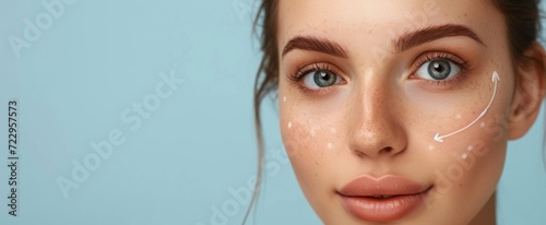 Portrait of a Young Woman with Flawless Skin and Beauty Marks Against a Serene Blue Background: Perfect for Skincare and Cosmetics