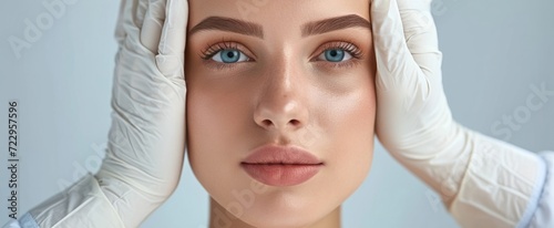 Close-Up Portrait of a Beautiful Woman With Flawless Skin Getting a Facial Examination by Professional Dermatologist Against a Clean Background