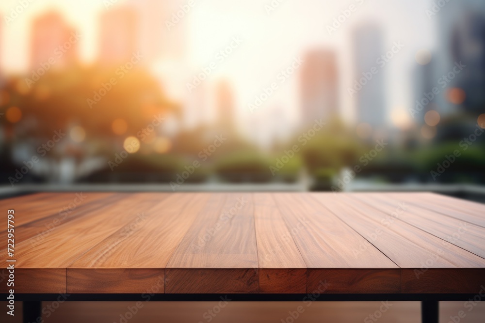 A wooden table with a cityscape in the background. Perfect for showcasing urban lifestyle or using as a background for urban-themed designs