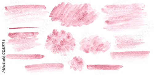 Blush pink watercolor stains, set of brushstrokes and washes, granulation effect