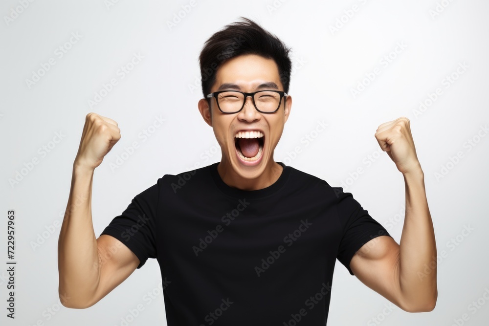 A man with glasses and a black shirt raising his fists. Perfect for expressing determination and strength A man with glasses and a black shirt raising his fists. Perfect for expressing determination and strength