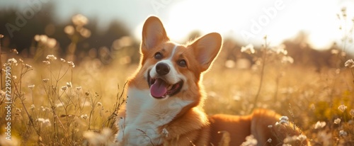 Adorable Pembroke Welsh Corgi Dog Enjoying a Sunny Day in a Blossoming Meadow with Warm Golden Light