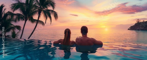 Couple Enjoying a Majestic Sunset from the Edge of an Infinity Pool Overlooking a Tropical Beach Paradise