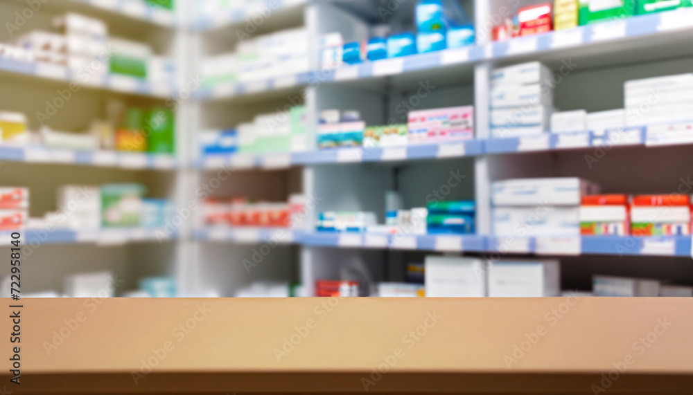 pharmacy counter with blur shelves of drug in the drugstore background; take medicine and set recovery