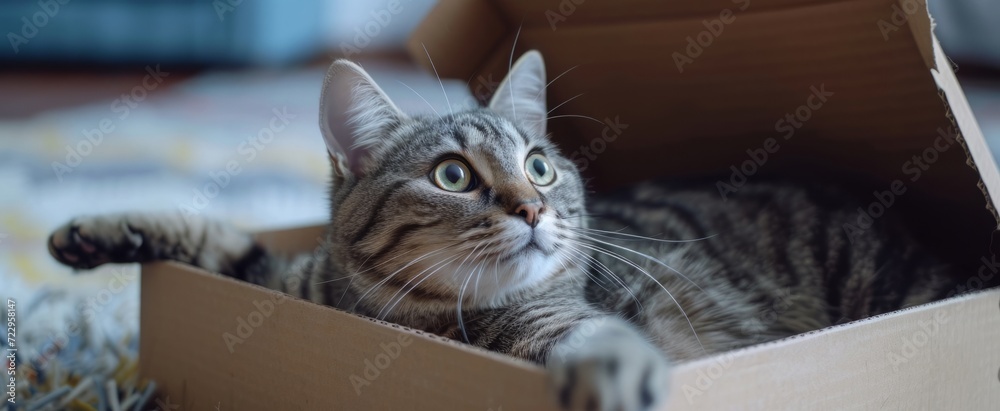 Curious Tabby Cat Peeking Out from Cardboard Fortress: A Charming Scene Capturing Feline Playfulness and Domestic Bliss