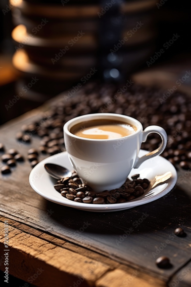 A cup of coffee sitting on top of a saucer. Perfect for coffee shop promotions and lifestyle blogs A cup of coffee sitting on top of a saucer. Perfect for coffee shop promotions and lifestyle blogs