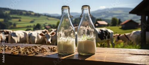 bottle with Milk on old wooden table with cows in the background, cow farm