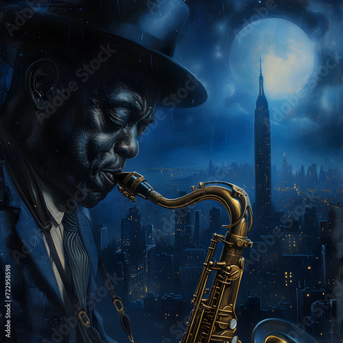 Jazz Album Cover: A close-up of a jazz saxophonist with expressive eyes,