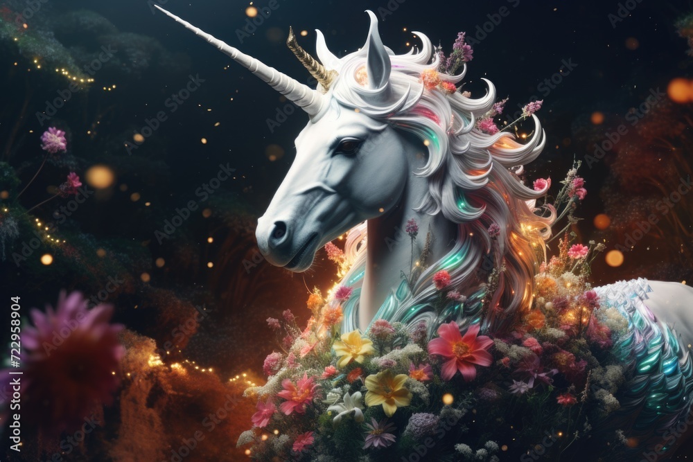 A detailed close-up of a unicorn adorned with a beautiful floral headpiece. Perfect for adding a touch of magic and enchantment to any project A detailed close-up of a unicorn adorned with a beautiful floral headpiece. Perfect for adding a touch of magic and enchantment to any project