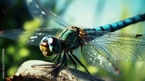 A close up image of a dragonfly perched on a branch. This picture can be used to depict nature, insects, or wildlife © Fotograf