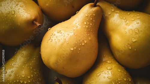 A close-up image of a bunch of pears with water droplets on them. Perfect for food and nutrition-related projects