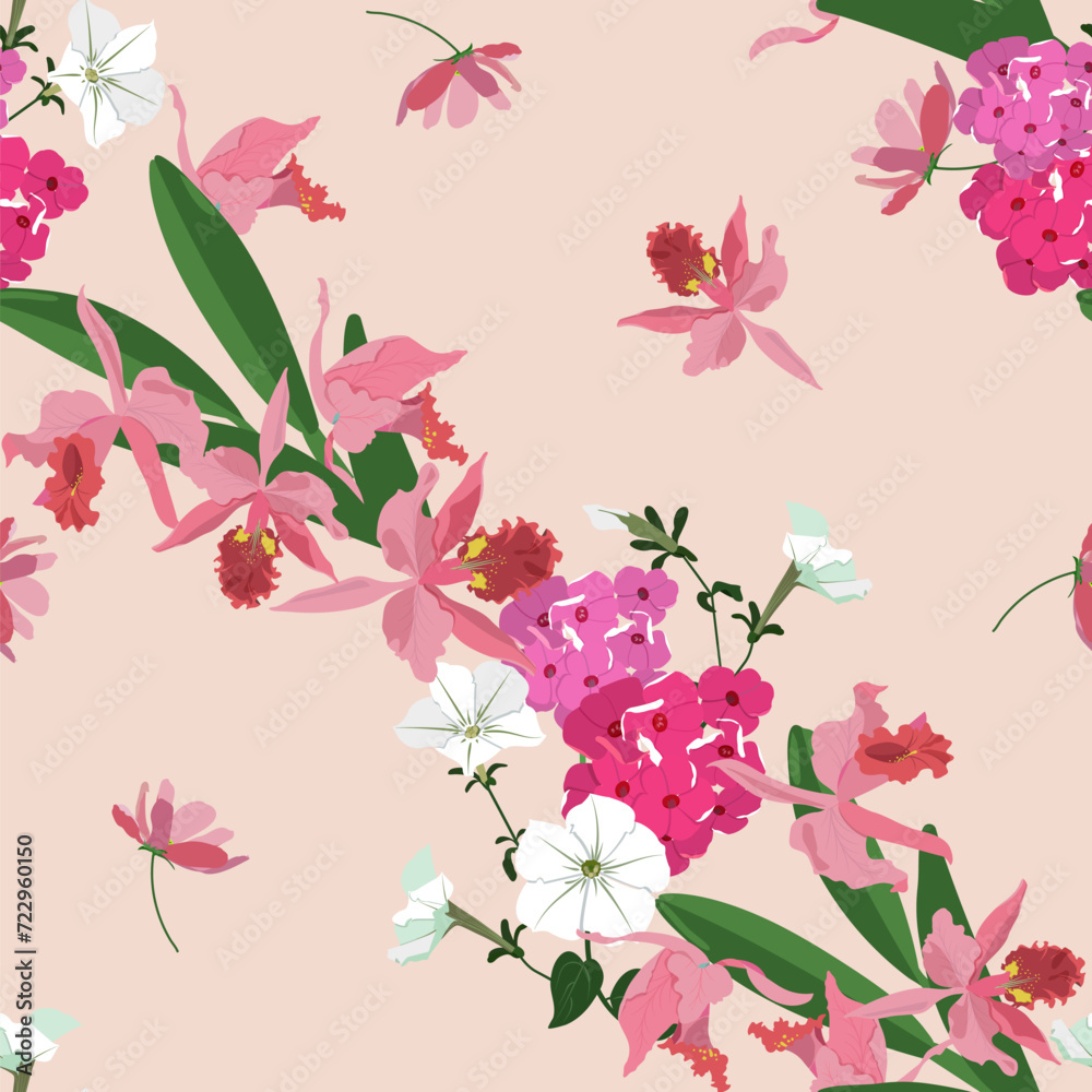 Seamless summer background with phlox and orchids
