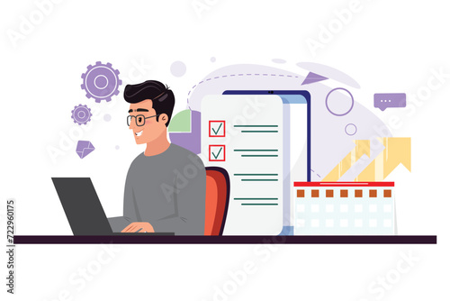 Multitasking manager working on laptop. Effective management vector concept