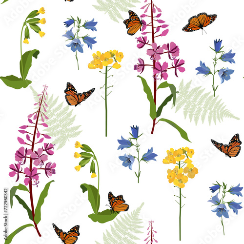 Meadow flowers and butterflies on a white seamless background. photo