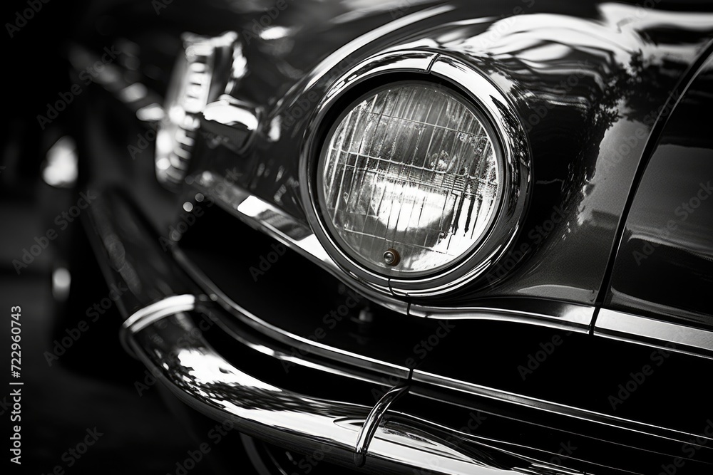 A black and white photo of a classic car. Perfect for vintage car enthusiasts or automotive design projects