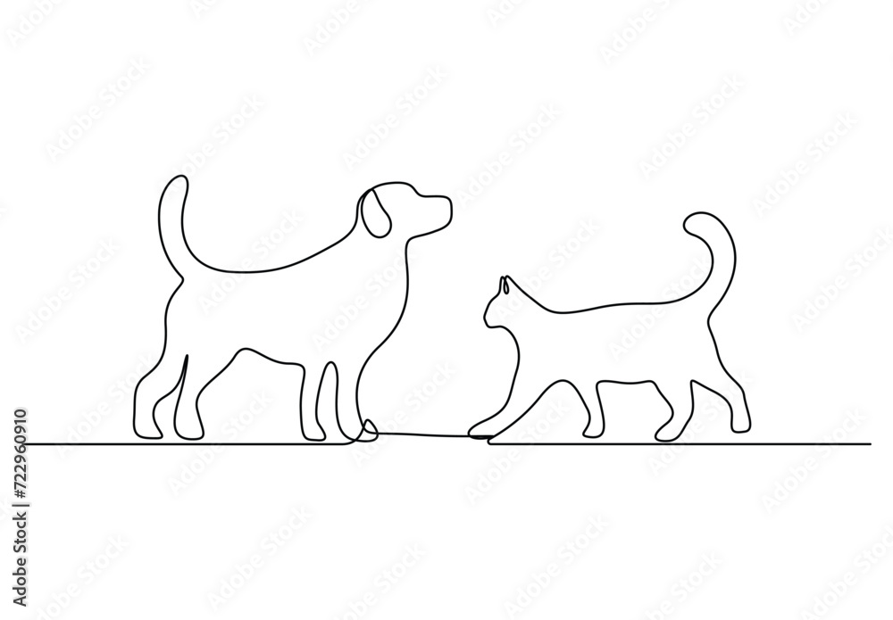 Simple continuous single line drawing of cat and dog. Isolated on white background vector illustration. Free vector Simple continuous single line drawing of cat and dog. Isolated on white background vector illustration. Free vector