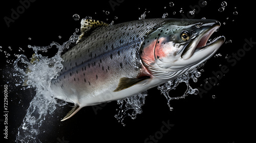A majestic salmon leaps from the water, glistening droplets suspended midair. Nature's ballet unfolds as it defies gravity, a symbol of strength and the cycle of life © growth.ai