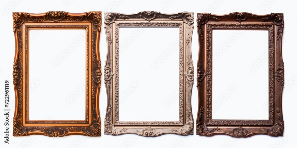 Three antique picture frames displayed on a clean white background. Perfect for showcasing your favorite photographs or artwork. Ideal for interior design projects or home decor websites Three antique picture frames displayed on a clean white background. Perfect for showcasing your favorite photographs or artwork. Ideal for interior design projects or home decor websites