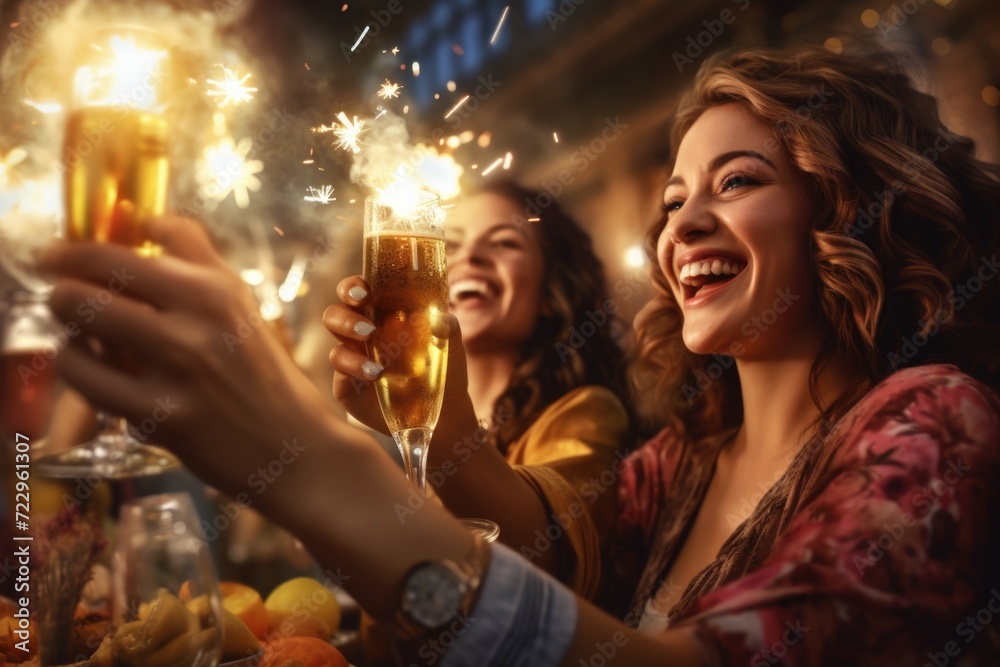 Two women celebrate at a party, toasting with sparklers. Perfect for festive occasions and celebrations Two women celebrate at a party, toasting with sparklers. Perfect for festive occasions and celebrations