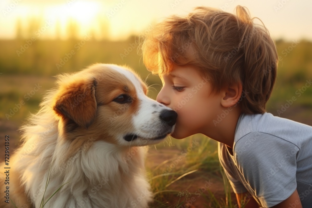 A heartwarming moment captured as a young boy shares a loving kiss with his dog in a beautiful field. Perfect for showcasing the bond between children and their pets. A heartwarming moment captured as a young boy shares a loving kiss with his dog in a beautiful field. Perfect for showcasing the bond between children and their pets.