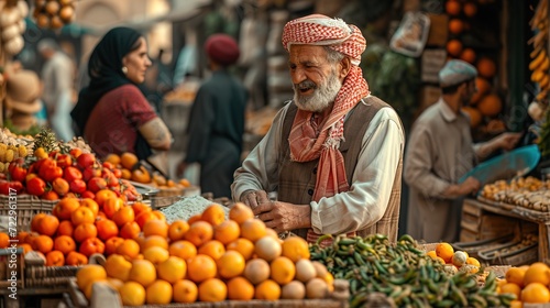 Men selling food products on the arab street market stall. AI generated image photo