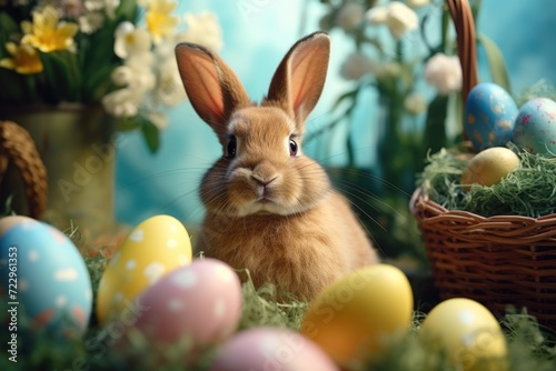 A cute rabbit sitting in the grass next to a basket of colorful eggs. Perfect for Easter and spring-themed projects