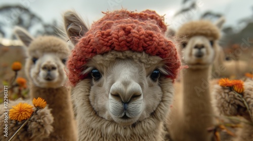 Fluffy Alpacas, Delightful shot of fluffy alpacas with expressive eyes, radiating charm and gentleness.